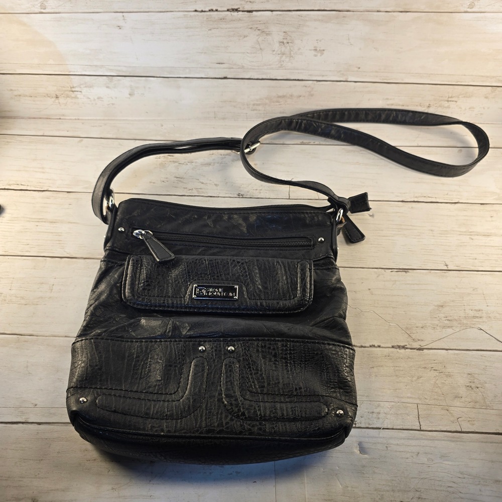 Stone Mountain Black Leather Crossbody Bag Red Lining Silver Hardware 24/13